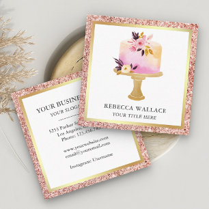 Carte De Visite Carré Pâtisserie Fleurie Pastel Pailletée Or Rose