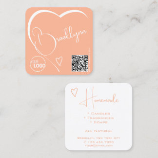 Carte De Visite Carré Peach Light Orange Heart Calligraphy Logo Code QR