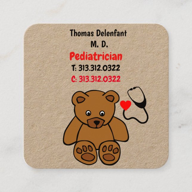 Carte De Visite Carré Pédiatre - stéthoscope en peluche et en coeur (Devant)