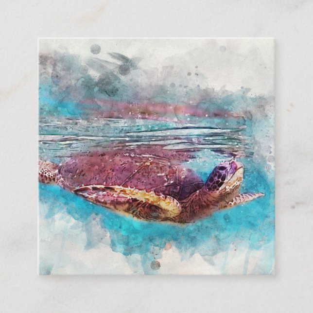 Carte De Visite Carré Peinture d'aquarelle de la tortue verte d'Hawaï (Devant)