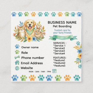 Carte De Visite Carré Pension pour animaux à l'aquarelle et garderie pou