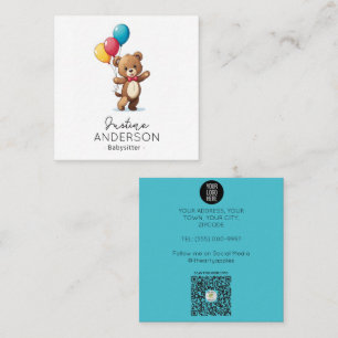 Carte De Visite Carré Petit ours Teddy tenant des ballons babysitter