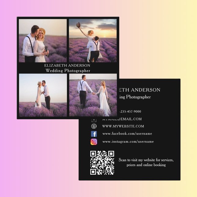 Carte De Visite Carré Photo collage noir blanc code QR médias sociaux (Créateur téléchargé)