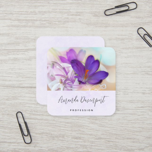 Carte De Visite Carré Photo d'un joli Crocus de printemps violet (Devant/Arrière en situation)