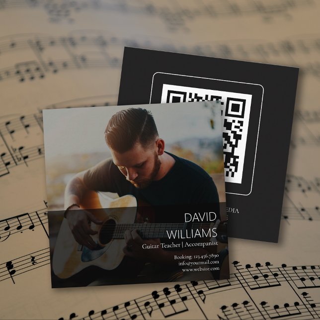 Carte De Visite Carré Photo Music Teacher Singer Songwriter QR Code (Photo Music Teacher Singer Songwriter QR Code Square Business Card)