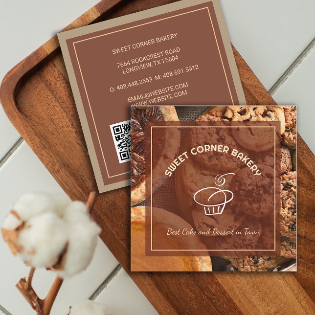 Carte De Visite Carré Photo personnalisée Boulangerie Logo Code QR (Custom Photo Cake Bakery Logo QR Code Square Business Card)