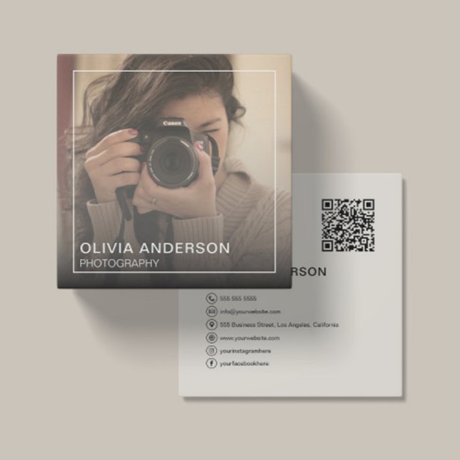 Carte De Visite Carré Photo personnalisée QR Code Médias sociaux (Custom Photo QR Code Social Media Square Business Card)