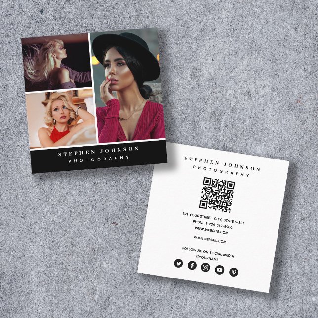 Carte De Visite Carré Photographe 3 Photos QR Code Social Media Icons (Créateur téléchargé)