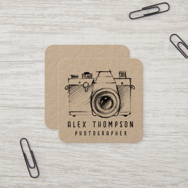 Carte De Visite Carré Photographe de caméra Kraft Sketch (Devant/Arrière en situation)