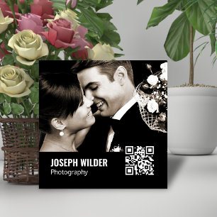 Carte De Visite Carré Photographe de Mariage Élégant Code QR Photo Noir