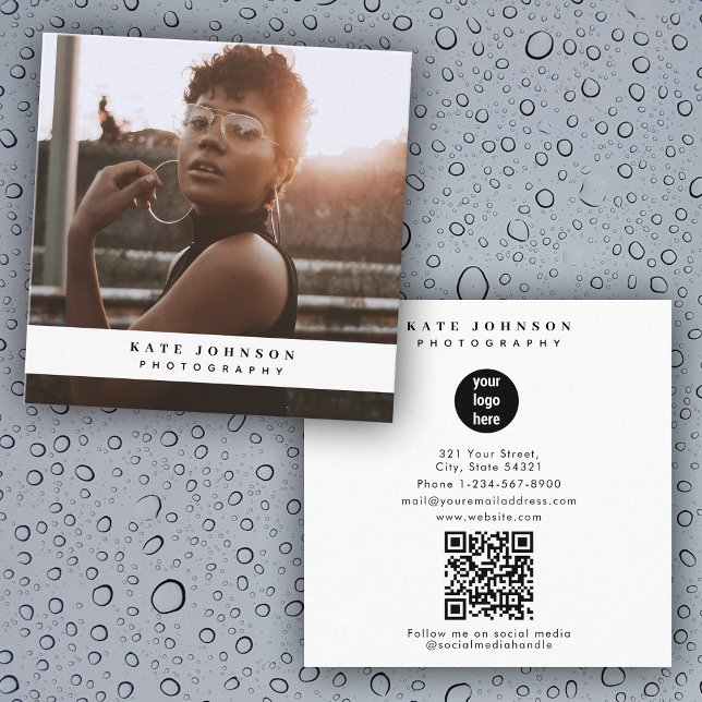 Carte De Visite Carré Photographe du logo d'entreprise moderne Photo QR  (Modern Business Logo Photographer Photo QR Code Square Business Card)