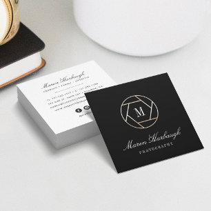 Carte De Visite Carré Photographe en or Chic Faux Logo Monogramme