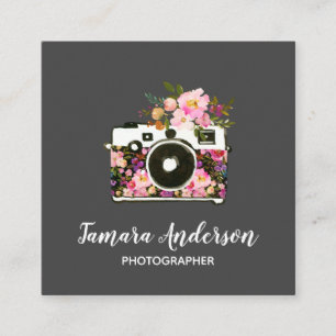 Carte De Visite Carré Photographe floral gris d'appareil-photo de rose