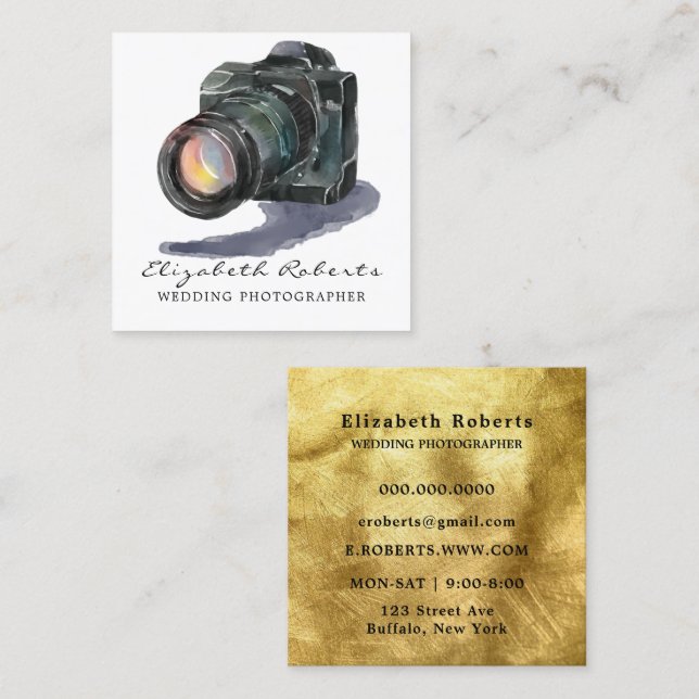 Carte De Visite Carré Photographe Mariage d'or de la caméra d'aquarelle  (Devant / Derrière)