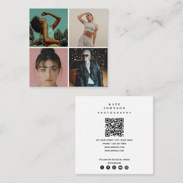Carte De Visite Carré Photographe moderne 4 Photos Grille Code QR (Devant / Derrière)