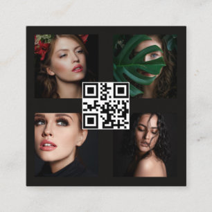 Carte De Visite Carré Photographe moderne 4 Photos Grille Noir QR Code