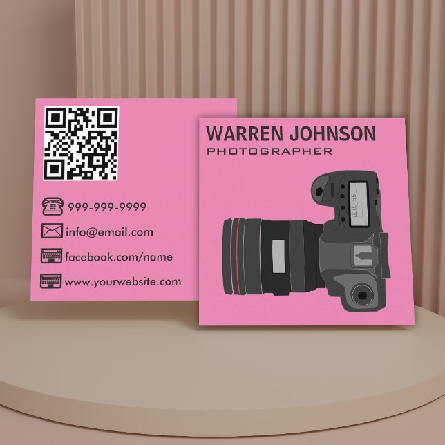 Carte De Visite Carré Photographe moderne rose QR Code (Créateur téléchargé)