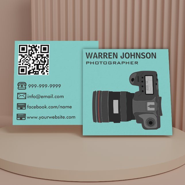 Carte De Visite Carré Photographe moderne turquoise QR Code (Créateur téléchargé)