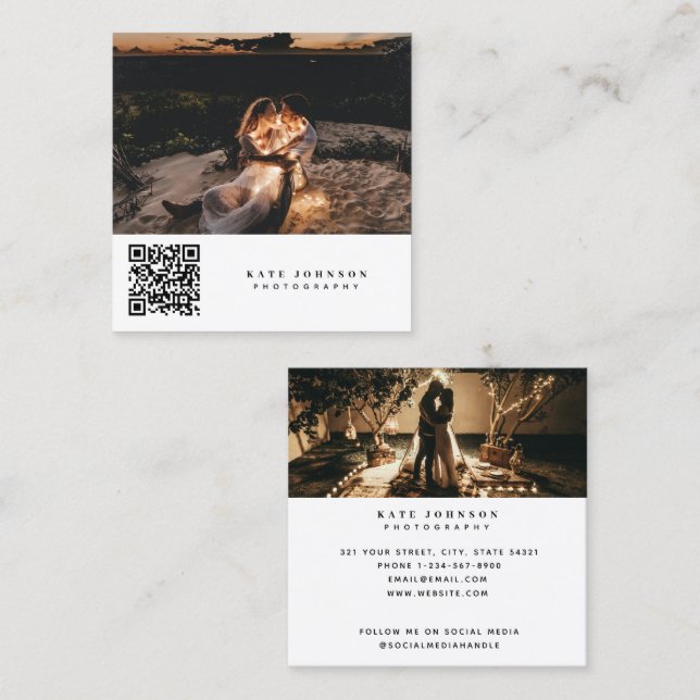 Carte De Visite Carré Photographe Photos QR Code Social Media (Devant / Derrière)