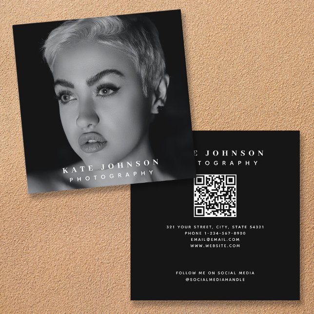 Carte De Visite Carré Photographe Stylish Photo QR Code Social Media (Créateur téléchargé)