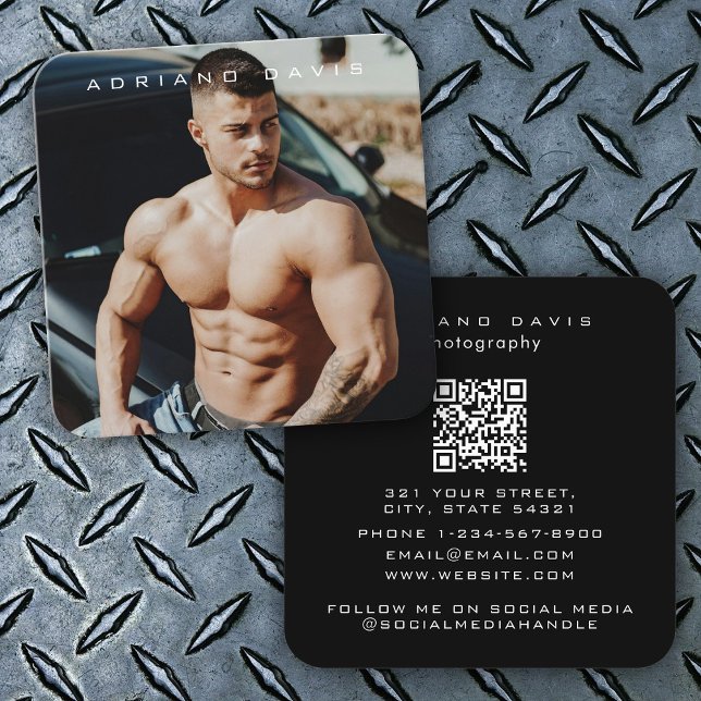 Carte De Visite Carré Photographie de mode moderne photo pleine code QR (Fashion Photography Modern Full Photo QR Code Square Business Card)