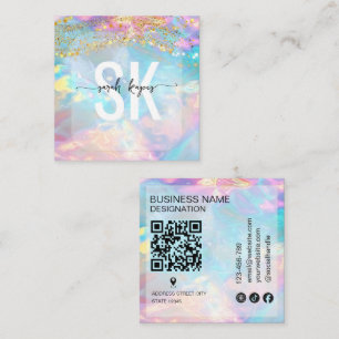 Carte De Visite Carré Pierre d'opale moderne code Qr holographique monog