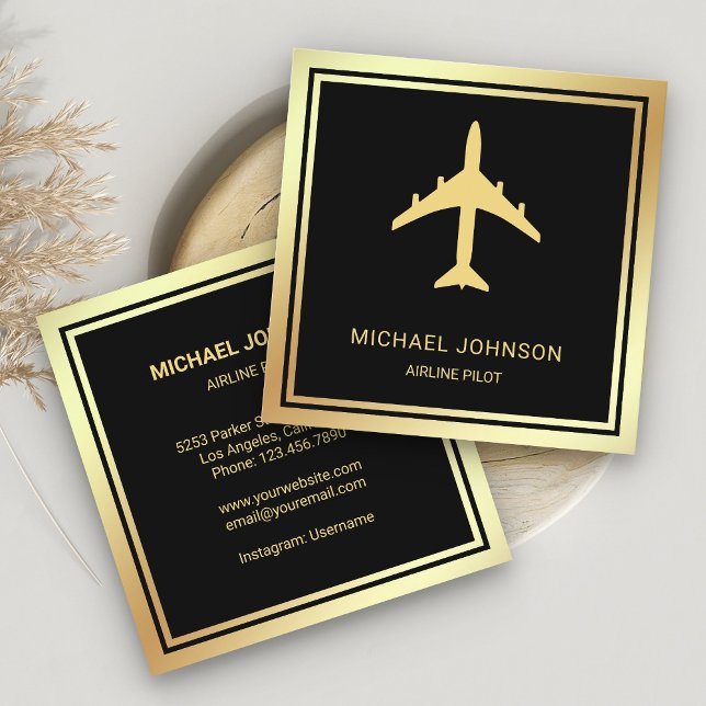 Carte De Visite Carré Pilote d'avion de l'avion Black Gold Foil (Créateur téléchargé)