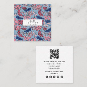 Carte De Visite Carré Pink and Blue Hand Drake Floral Block Print