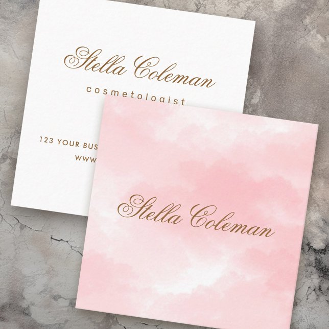 Carte De Visite Carré Pink aquarelle romantique script de calligraphie (Pink watercolor romantic calligraphy script square business card)