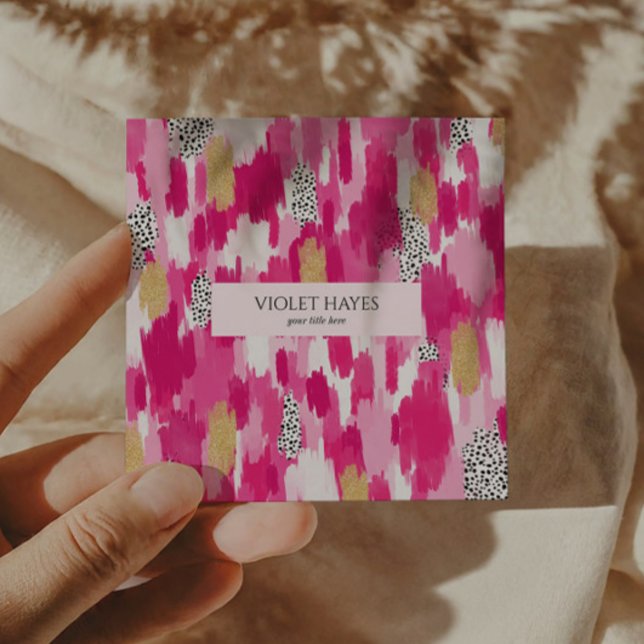 Carte De Visite Carré Pink Gold Noir Polka Pot Brush (Créateur téléchargé)