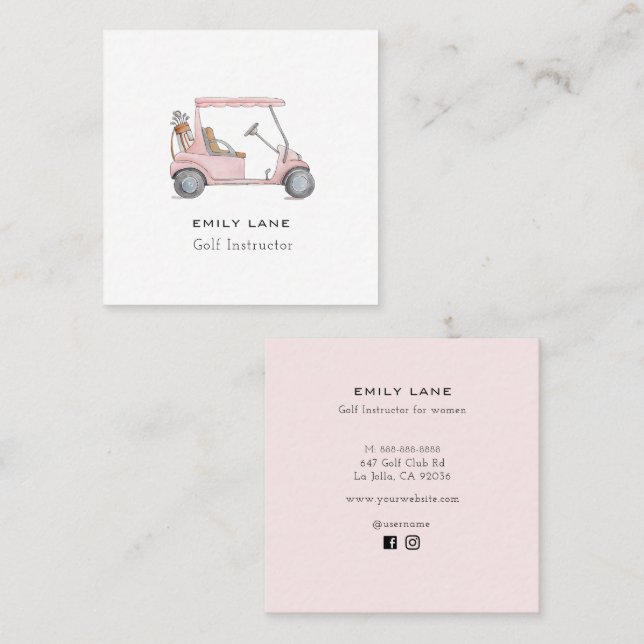 Carte De Visite Carré Pink Golf Cart Femme instructrice Golf pro (Devant / Derrière)