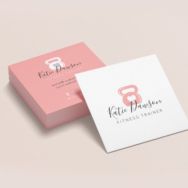 Carte De Visite Carré Pink Kettlebell & Heart Fitness & Personal Trainer (Créateur téléchargé)