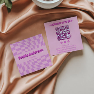 Carte De Visite Carré Pink Retro Groovy Wavy Checkered with QR Code