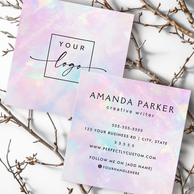 Carte De Visite Carré Pink violet optique look personnalisé logo (Pink purple opal look custom logo square business card)