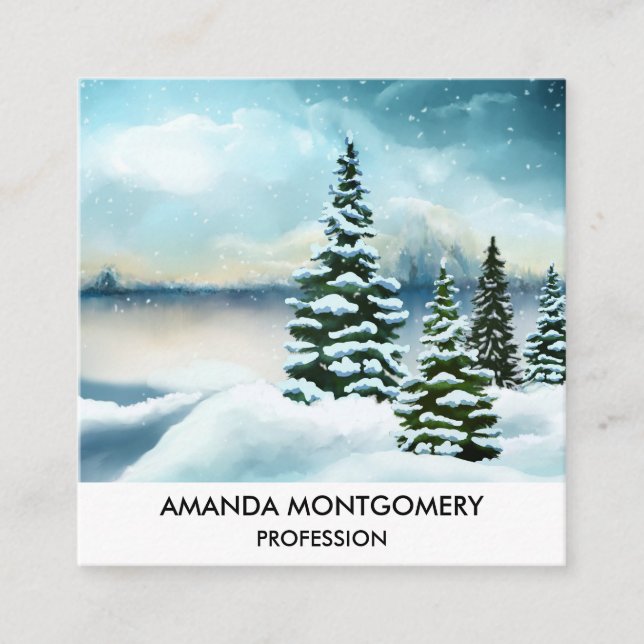 Carte De Visite Carré Pittoresque Winter Wonderland aquarelle peinture (Devant)