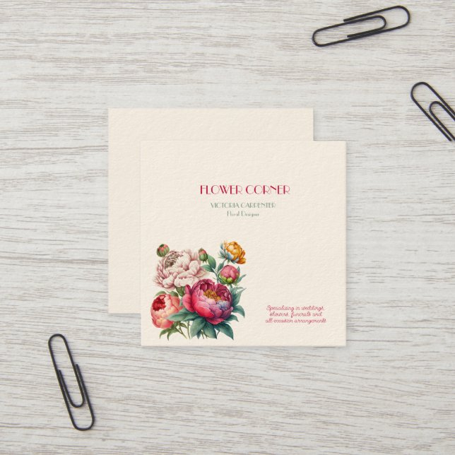 Carte De Visite Carré Pivoines de magasin de fleuriste (Devant/Arrière en situation)