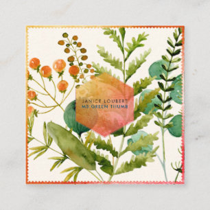 Carte De Visite Carré PixDezines Aquarelle botanique, Pavots+Fougères