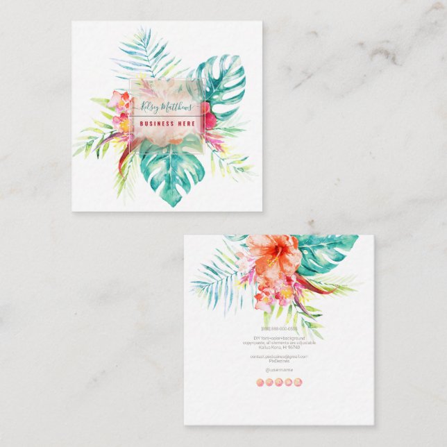 Carte De Visite Carré PixDezines Aquarelle Élégante Paradis Tropical (Devant / Derrière)