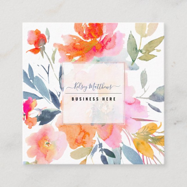 Carte De Visite Carré PixDezines Aquarelle Jardin d'été Roses (Devant)