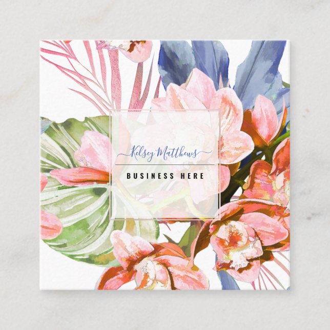 Carte De Visite Carré PixDezines Aquarelle Peach Cymbidium Orchid (Devant)