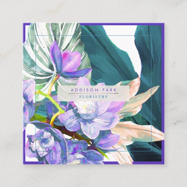 Carte De Visite Carré PixDezines Orchidées violettes Ti Turquoises Feuil (Devant)