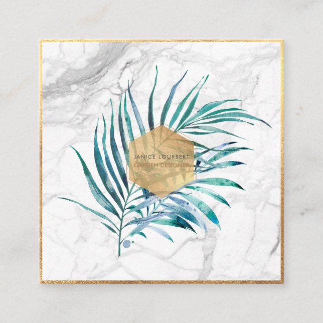 Carte De Visite Carré PixDezines PALM FRONDS, FAUX OR+MARBLE (Devant)