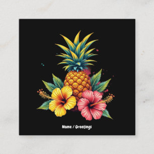 Carte De Visite Carré Plage d'été Hawaii Floral d'Ananas et Hibiscus
