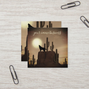 Carte De Visite Carré Pleine lune Wolf Howling Desert Cactus