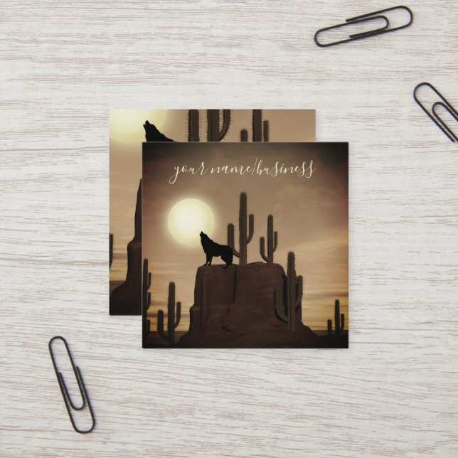 Carte De Visite Carré Pleine lune Wolf Howling Desert Cactus (Devant/Arrière en situation)