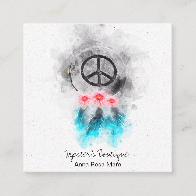 Carte De Visite Carré *~* Plumes des signes de paix GrungeTribal Boho (Devant)