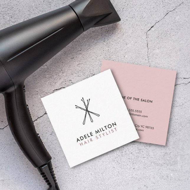 Carte De Visite Carré Poils de Bobby Blanc Rose Blanc Élégant Minimal (Créateur téléchargé)