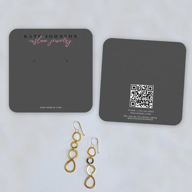 Carte De Visite Carré Porte-bijoux rose noir Script d'affichage (Black Pink Jewelry Holder Earring Display Script Square Business Card)