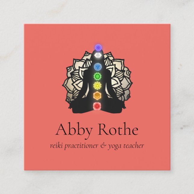 Carte De Visite Carré Praticien de Yoga Reiki avec Chakra Gold Lotus (Devant)