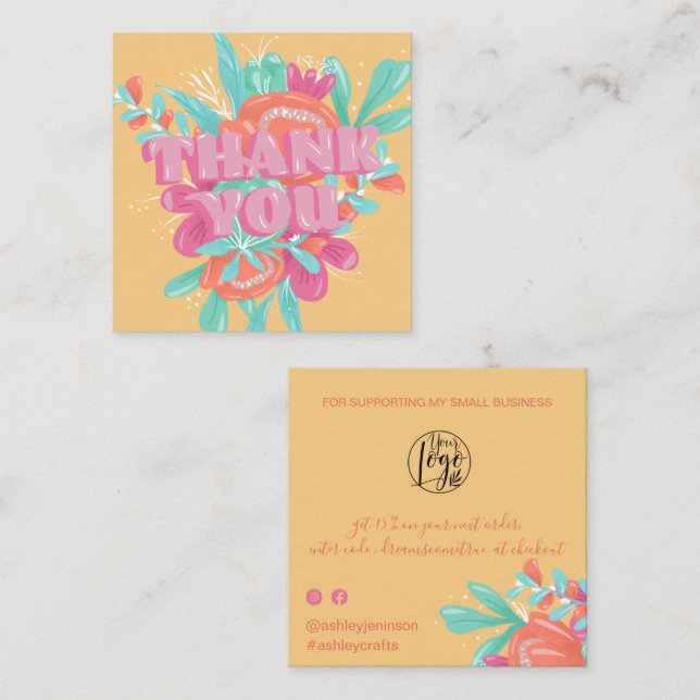 Carte De Visite Carré Printemps fleuri jaune rétro script ordre merci (Devant / Derrière)